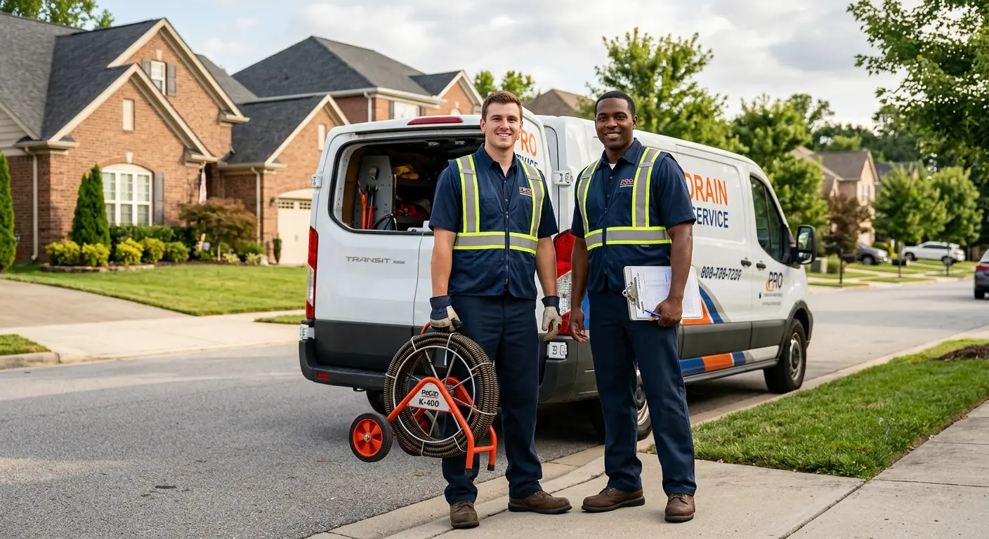 Sewer and drain service team with equipment ready for work in Iola