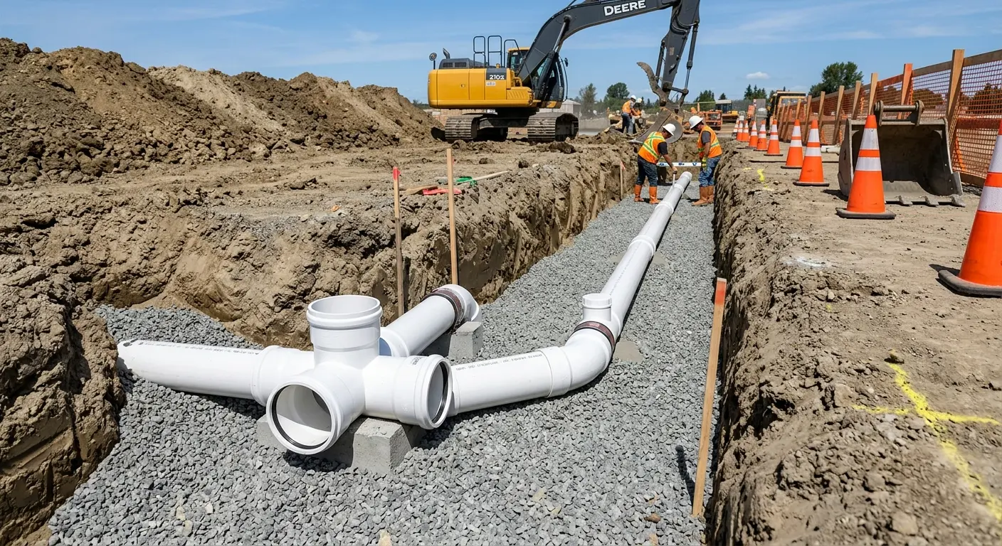New PVC sewer pipe installation in open trench for Commercial Drain Cleaning in Iola
