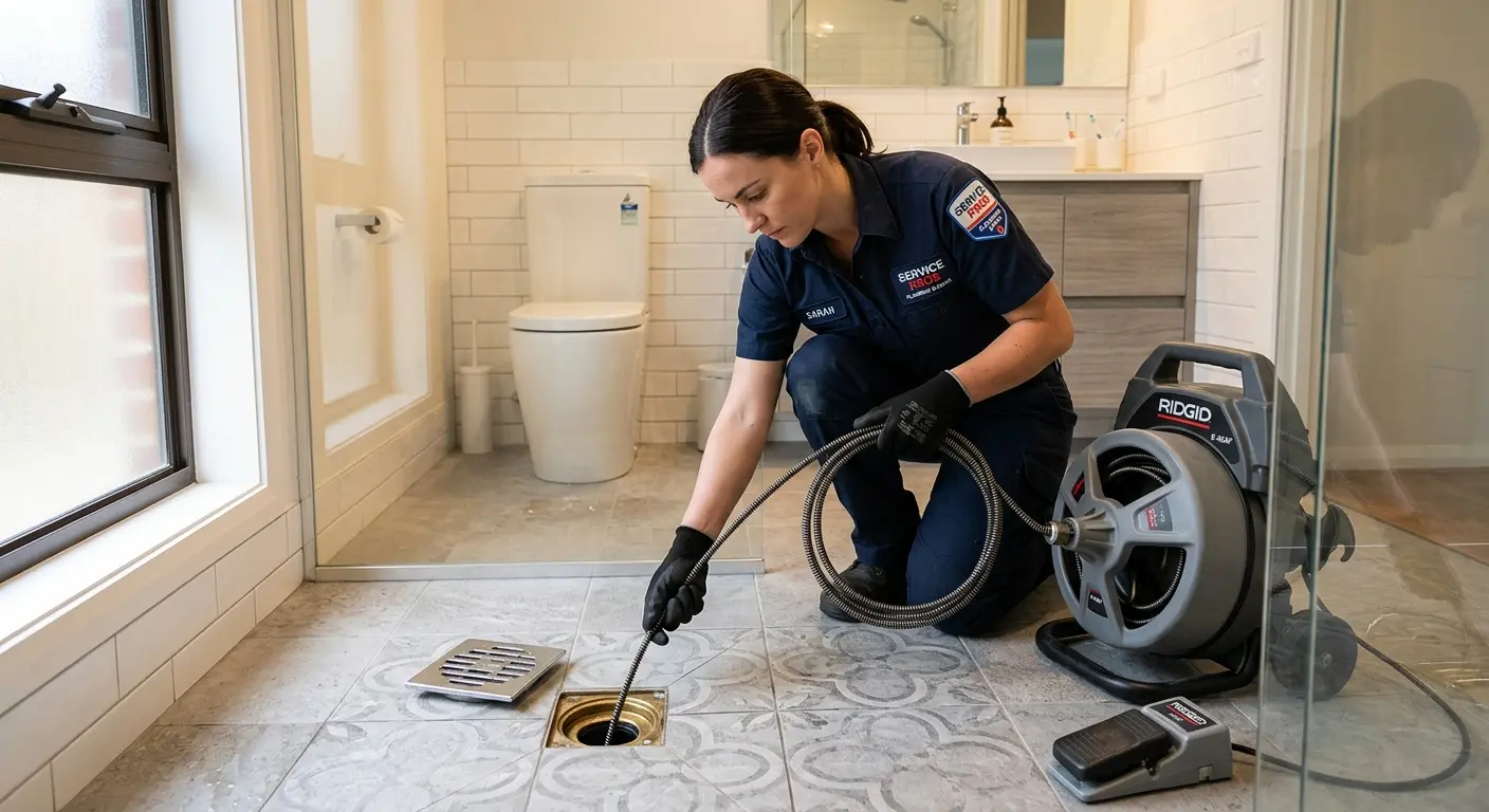 Technician clearing a bathroom floor drain for Drain Cleaning in Iola